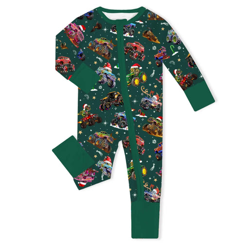 Christmas Colorful Truck Ride Game Baby Bamboo Zipper Romper Pajamas