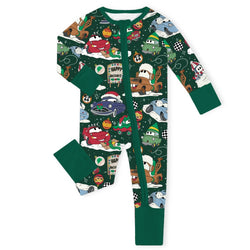 Christmas Car Snow Forest Green Baby Bamboo Zipper Romper Pajamas