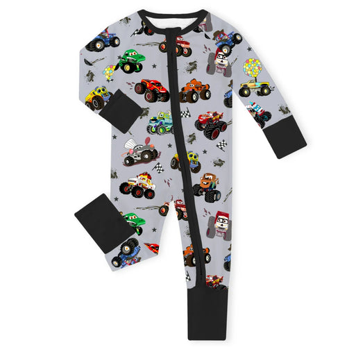 Big Wheel Truck Adventure Grey Baby Bamboo Zipper Romper Pajamas