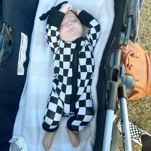 Stylish Black and White Checkerboard Plaid Pattern Bamboo Fiber Baby Long Sleeve Zip Up Onesie