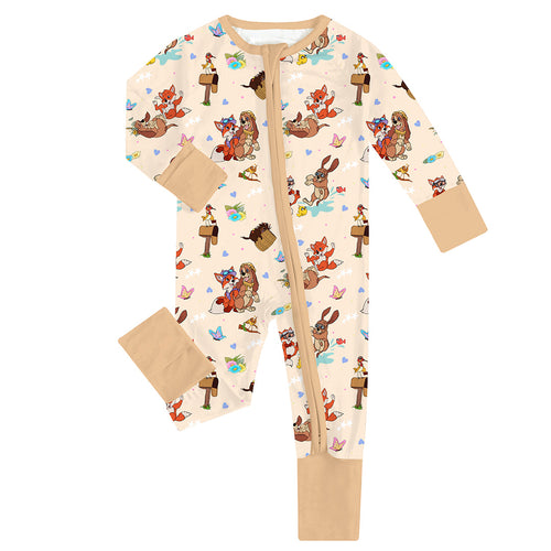 FancyPrince Fox Hound Playing Khaki Baby Bamboo Zipper Romper Pajamas