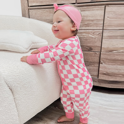 Comfy High-end Bamboo Pink Checkerboard Print Long Sleeve