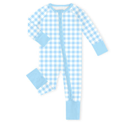 Sky Blue Blush Check Sweet Dreams Bamboo Zipper Romper Pajamas