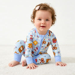 Sweet Bakery and Flower Bow in Blue Check Bamboo Zipper Romper Pajamas