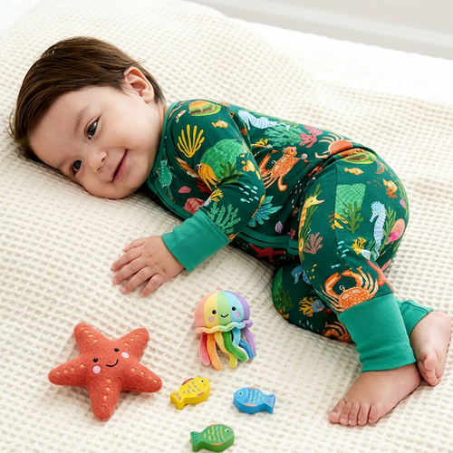 Ocean Crab and Coral Reef Green Bamboo Zipper Romper Pajamas