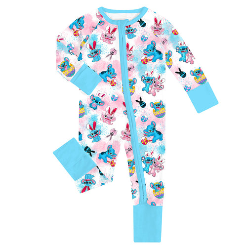 Easter Monster Bunny Egg Blue Baby Bamboo Zipper Romper Pajamas