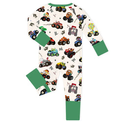Big Wheel Truck Adventure Green Baby Bamboo Zipper Romper Pajamas
