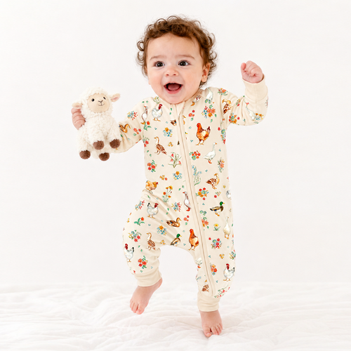 Farm Duck and Chicken in Wildflower Floral Bamboo Zipper Romper Pajamas