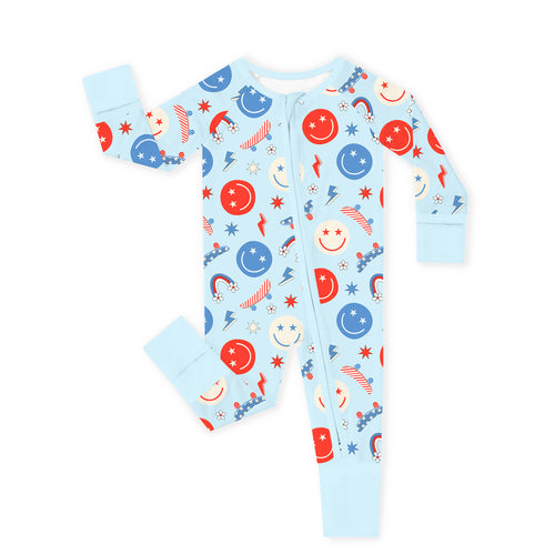 4th of July Smiley Faces and Colorful Rainbows Sky Blue Bamboo Zipper Romper Pajamas