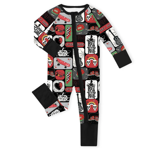 Halloween Spooky Skate Patchwork Bamboo Zipper Romper Pajamas
