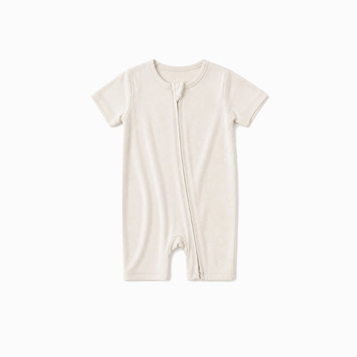 Oat Milk Solid Baby Bamboo Short Zipper Romper Pajamas