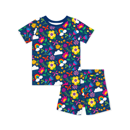 Sunny Rainbow Garden and Playful Petals Kids Bamboo Two-Piece Pajama Short Sleeve Set