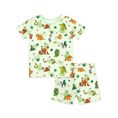 Prehistoric Dino Pals Jungle Playtime Sage Green Bamboo Two-Piece Pajama Short Sleeve Set