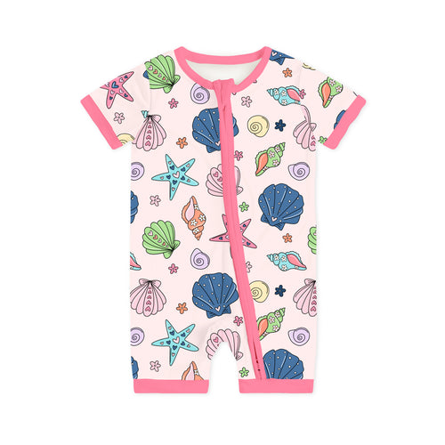 Colorful Ocean Shells and Stars Playtime Pink Short Bamboo Zippy Baby Romper