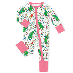 Christmas Tree Light Green Face Baby Bamboo Zipper Romper Pajamas