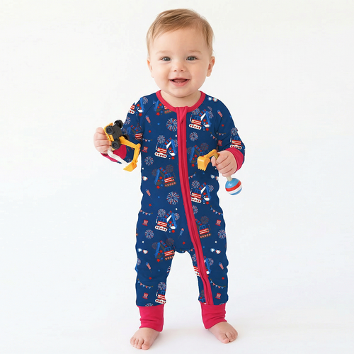 4th of July Red White Fireworks and Truck Bamboo Zipper Romper Pajamas