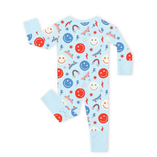 4th of July Smiley Faces and Colorful Rainbows Sky Blue Bamboo Zipper Romper Pajamas
