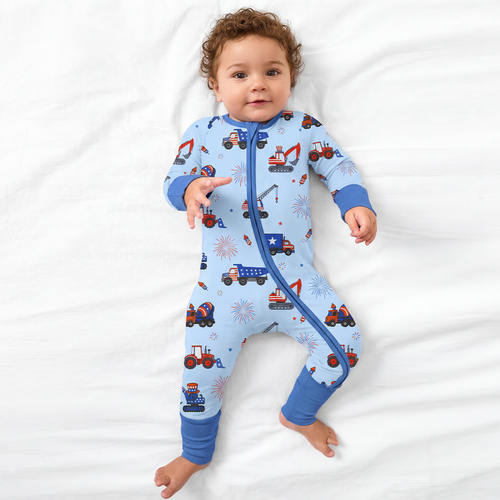 4th of July Stars Truck and Fireworks Blue Bamboo Zipper Romper Pajamas