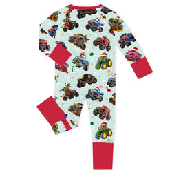 Christmas Colorful Truck Ride Game on Red Baby Bamboo Zipper Romper Pajamas
