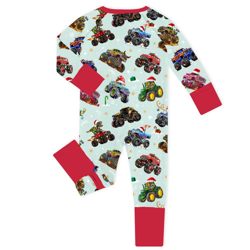 Christmas Colorful Truck Ride Game on Red Baby Bamboo Zipper Romper Pajamas
