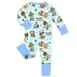 Christmas Adventure Grandpa and Friends on Blue Baby Bamboo Zipper Romper Pajamas