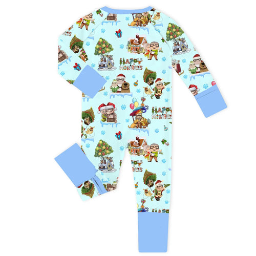 Christmas Adventure Grandpa and Friends on Blue Baby Bamboo Zipper Romper Pajamas