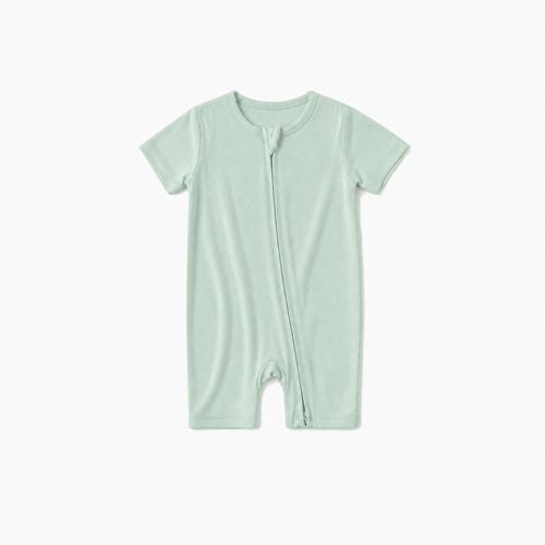 Sage Green Solid Baby Bamboo Short Zipper Romper Pajamas