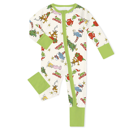 Christmas Green Face And Girl Baby Bamboo Zipper Romper Pajamas