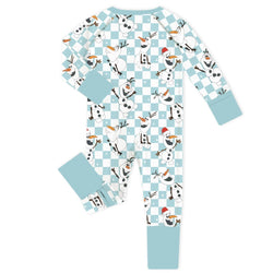 Christmas Big Face Snowman Green Checkered Baby Bamboo Zipper Romper Pajamas