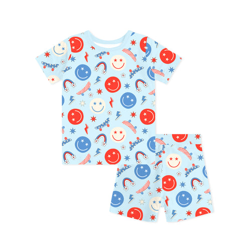 4th of July Smiley Faces and Colorful Rainbows Sky Blue Bamboo Two-Piece Pajama Short Sleeve Set