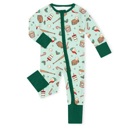 Christmas Baseball Holiday Green Bamboo Zipper Romper Pajamas