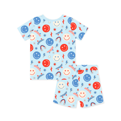 4th of July Smiley Faces and Colorful Rainbows Sky Blue Bamboo Two-Piece Pajama Short Sleeve Set