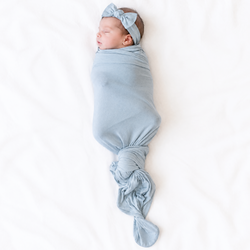 Solid Sky Blue Bamboo Swaddle & Luxe Bow Headband Set
