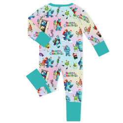 Christmas Blue Monster Friends on Aqua Baby Bamboo Zipper Romper Pajamas