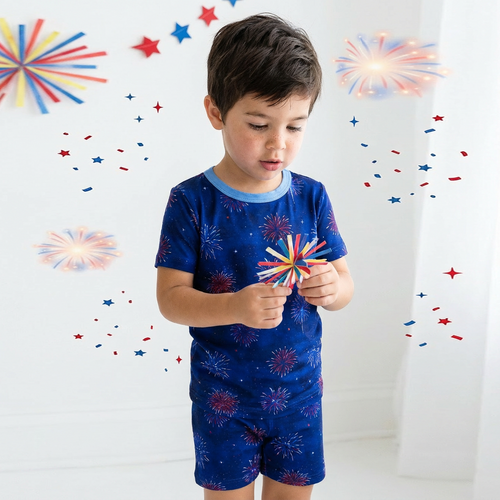 4th of July Colorful Firework Twinkle Stars Navy Bamboo Two-Piece Pajama Short Sleeve Set