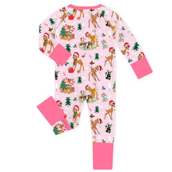 Christmas Pink Deer and Woodland Pals Baby Bamboo Zipper Romper Pajamas