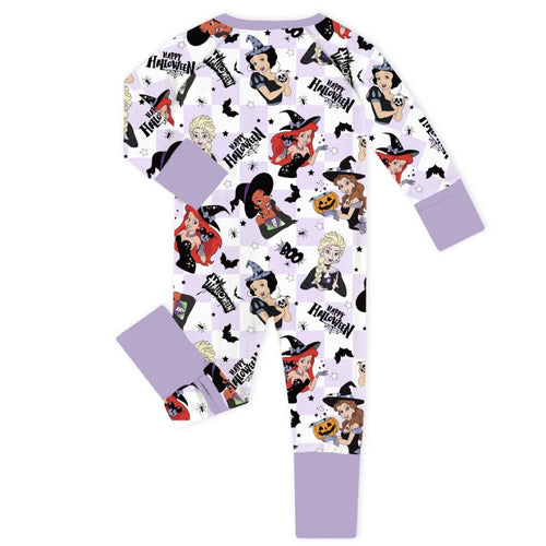 Halloween Princess Pumpkin Spider Purple Check Baby Bamboo Zipper Romper Pajamas
