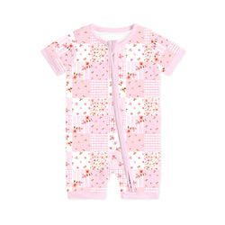 Valentine Floral Quilt Baby Bamboo Short Zipper Romper Pajamas
