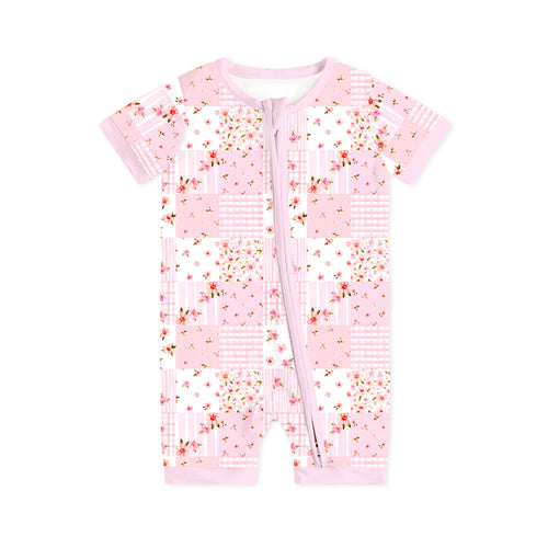 Valentine Floral Quilt Baby Bamboo Short Zipper Romper Pajamas