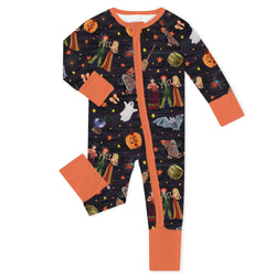 Halloween Witch Sisters Pumpkin Baby Bamboo Zipper Romper Pajamas