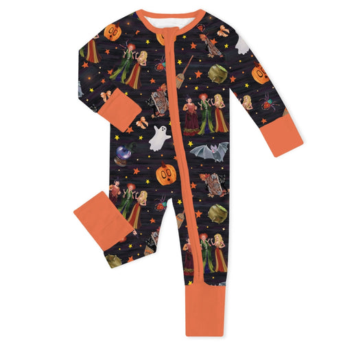Halloween Witch Sisters Pumpkin Baby Bamboo Zipper Romper Pajamas