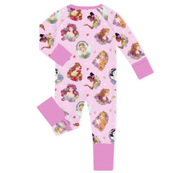 Garden Floral Princess Dreams on Pink Baby Bamboo Zipper Romper Pajamas