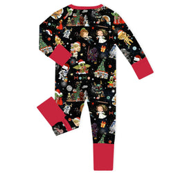 Christmas Galactic and Stars Adventure on Red Baby Bamboo Zipper Romper Pajamas