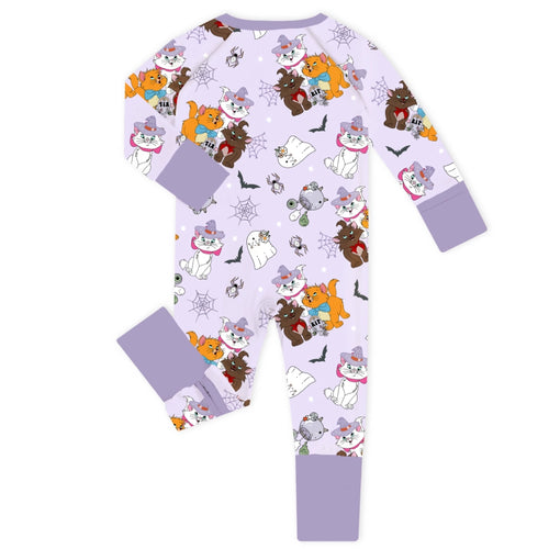 Halloween Midnight Cats and Spider Baby Bamboo Zipper Romper Pajamas