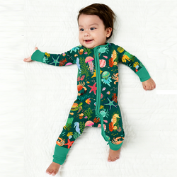 Ocean Crab and Coral Reef Green Bamboo Zipper Romper Pajamas