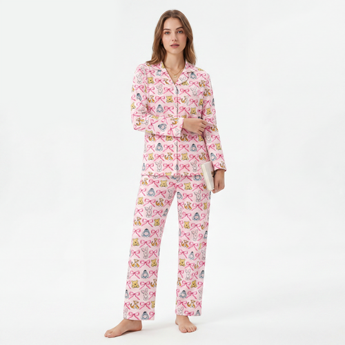 Sunny Bear and Pig Friends Bow Print Bamboo Women's Pajamas Set