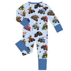 Christmas Colorful Truck Ride Game on Blue Baby Bamboo Zipper Romper Pajamas