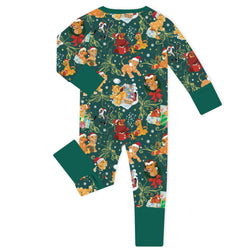 Christmas Safari Lion and Friends on Forest Green Baby Bamboo Zipper Romper Pajamas