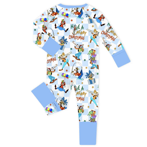 Christmas Blue Check Merry Dog Life Baby Bamboo Zipper Romper Pajamas