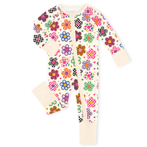 Groovy Daisy Power Cream Bamboo Zipper Romper Pajamas
